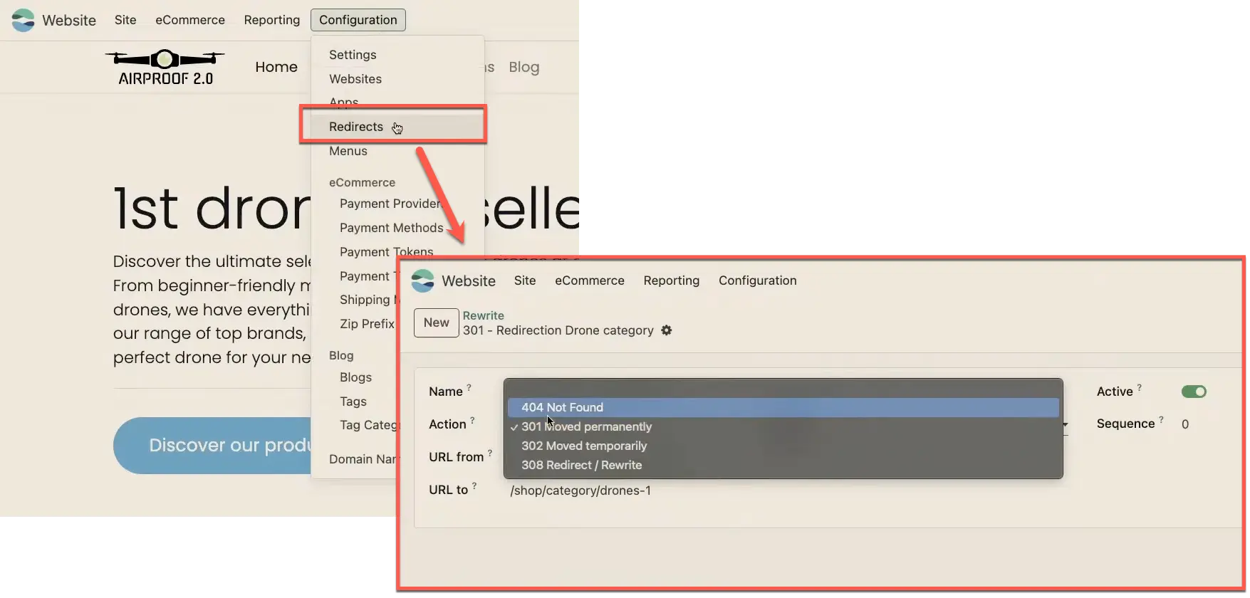 Page redirect features in odoo website screenshot