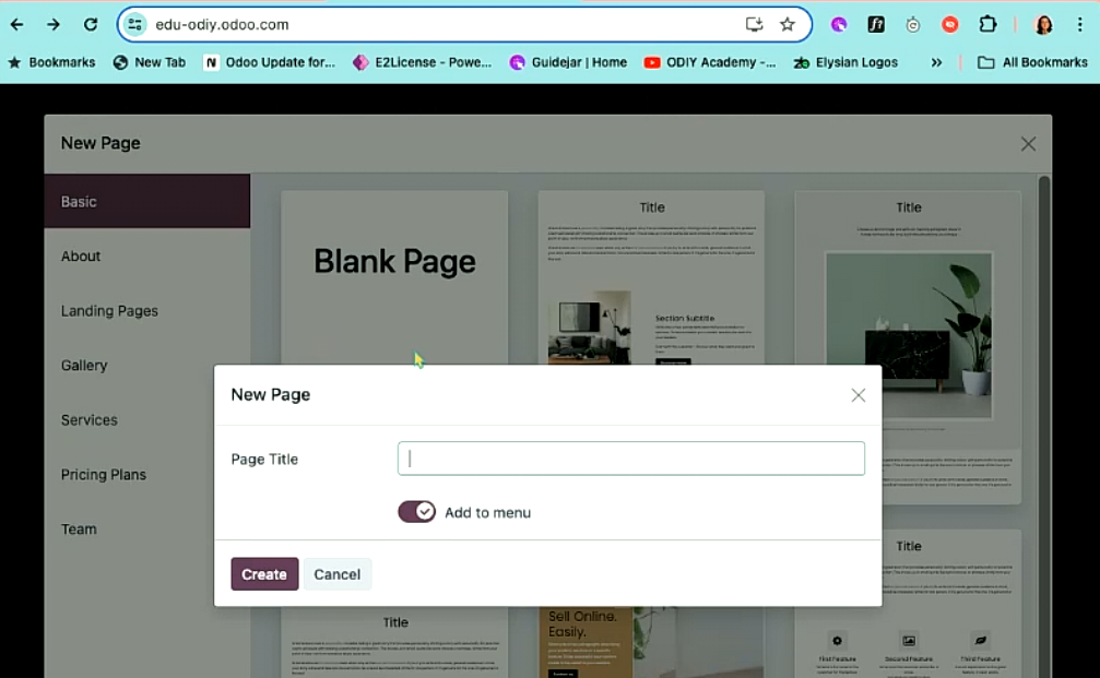 screenshot creating new page at opdiy academy website