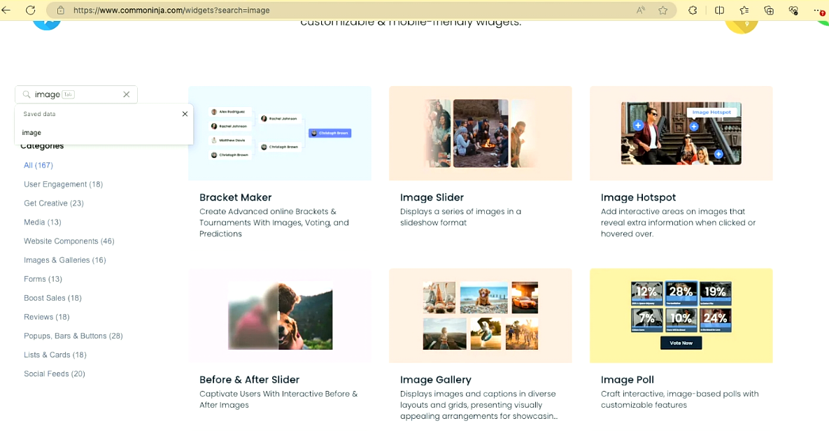 screenshot common ninja webpage showing its widgets