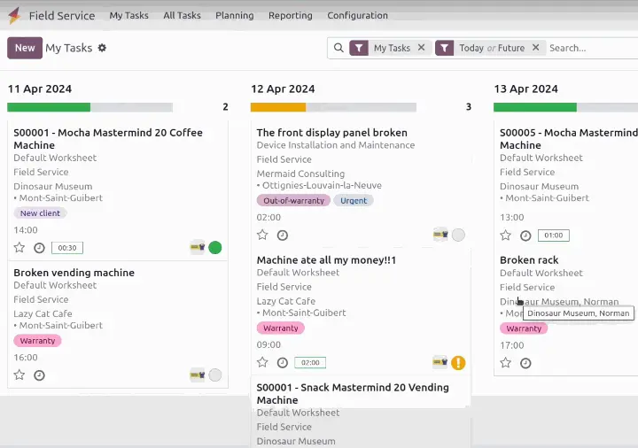 Screenshot of the Field Service Kanban in Odoo