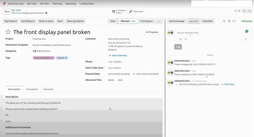 Screenshot of the Field Service Task in Odoo