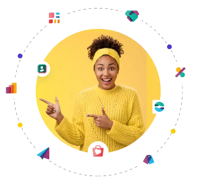 Excited lady surrounded by Odoo Apps