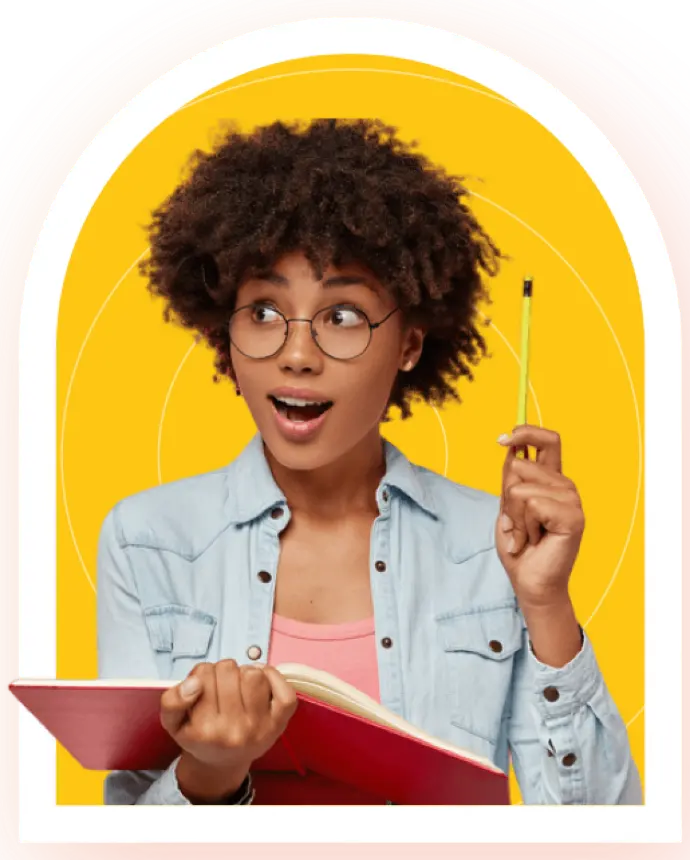 A girl holding a notebook and a pen