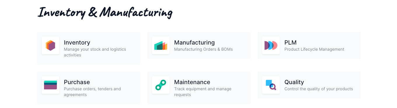 icons of applications under inventory and manufacturing
