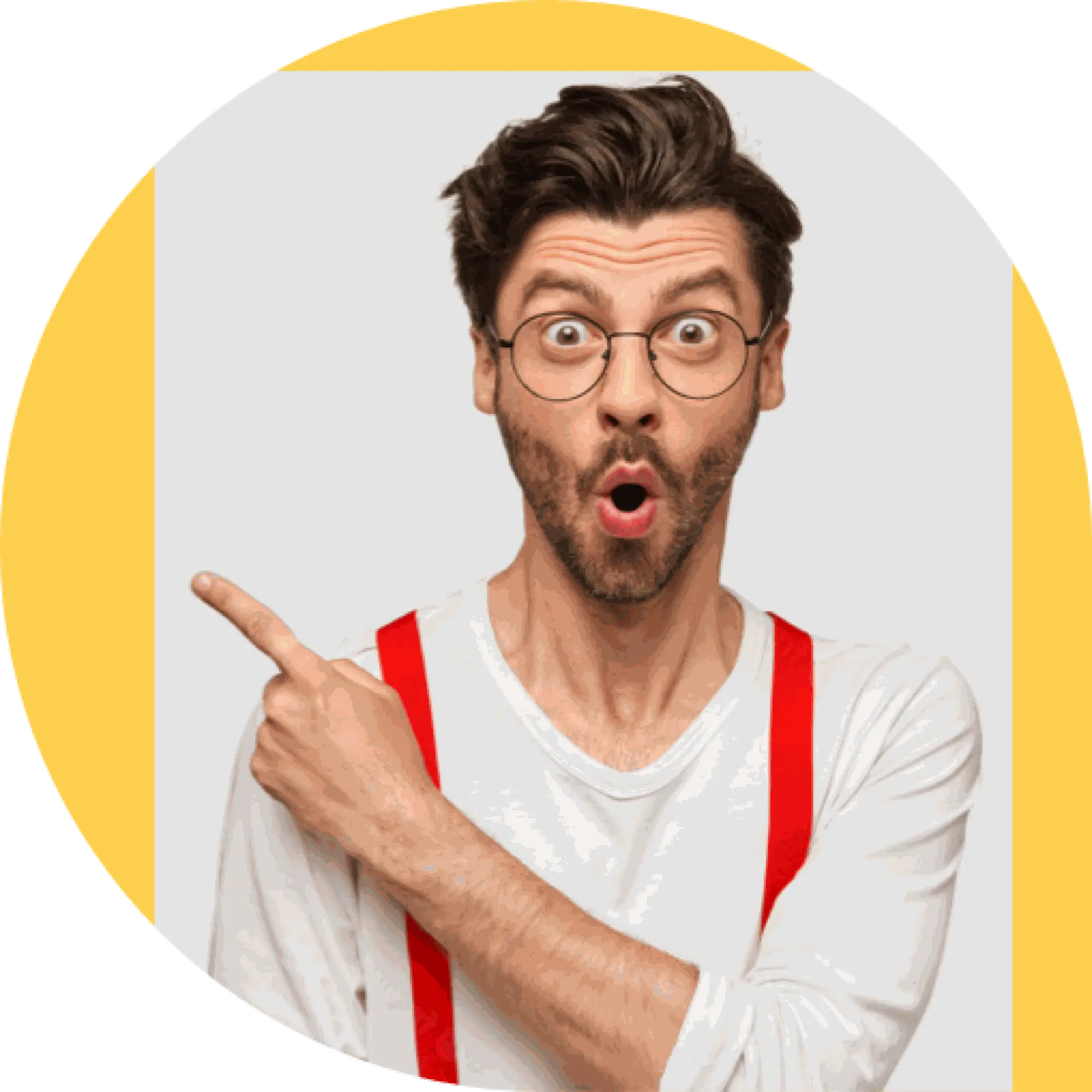 A guy in white long sleeves pointing over his shoulder looking amazed